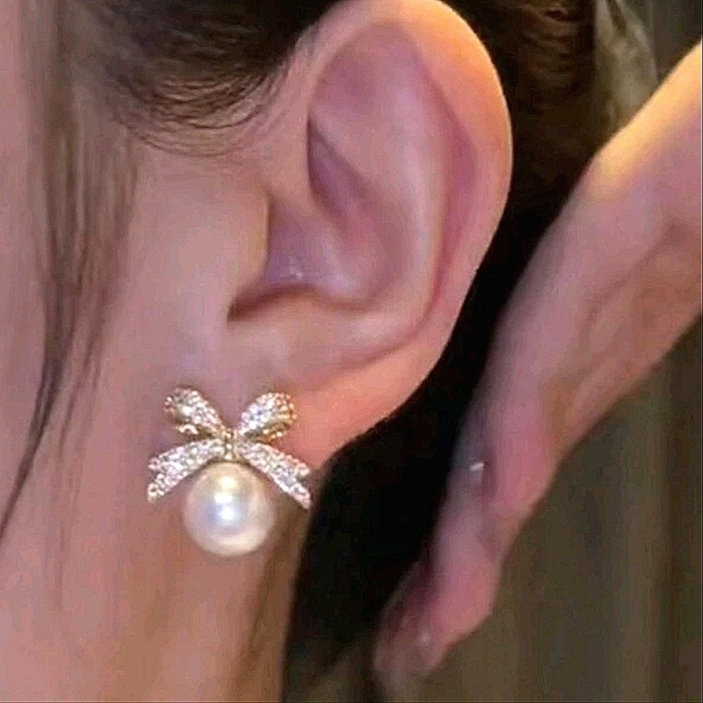 Gold Bow Stud Earrings 18K Faux Pearl Rhinestone Coquette Romantic 💖 - Picture 4 of 13